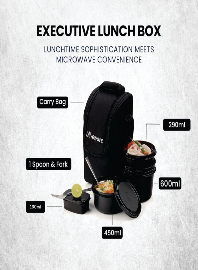 SOPL-OLIVEWARE علبة غداء SOPL-OLIVEWARE الفاخرة، آمنة للاستخدام في الميكروويف، تحتوي على 3 حاويات داخلية من الفولاذ المقاوم للصدأ مع أغطية خالية من مادة BPA (290 مل، 450 مل، 600 مل)، وعلبة مخلل بلاستيكية (130 مل)، وأدوات مائدة من الفولاذ المقاوم للصدأ - أسود - Image 2